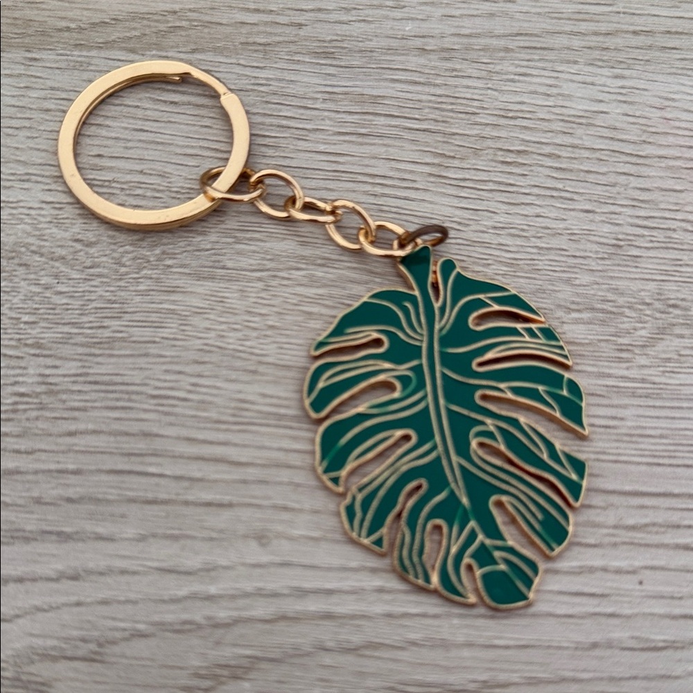 Green Leaf Keychain with Gold Accents